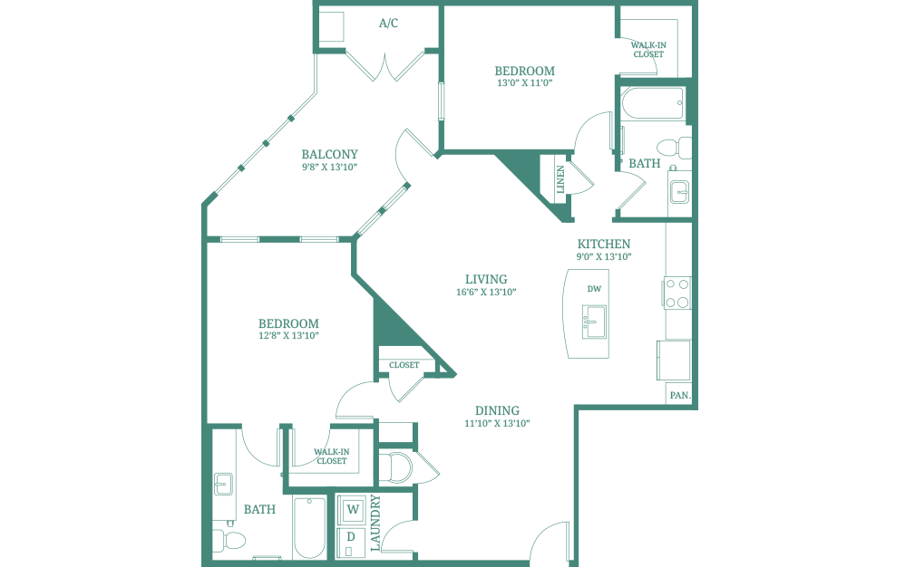 B4 - 2 bedroom floorplan layout with 2 baths and 1198 square feet. (2D)