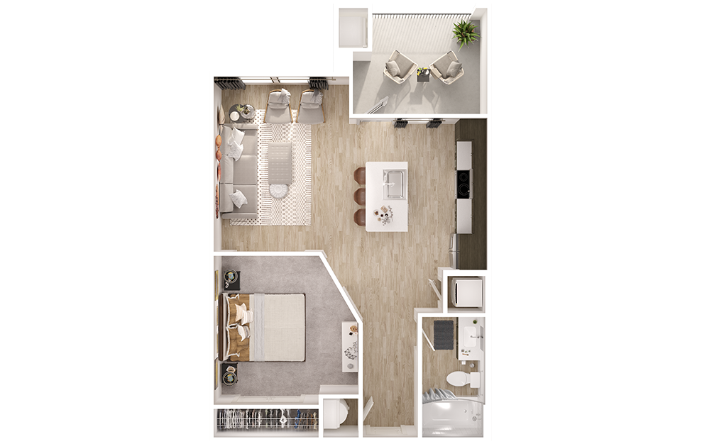 S1 - Studio floorplan layout with 1 bath and 650 square feet. (3D)