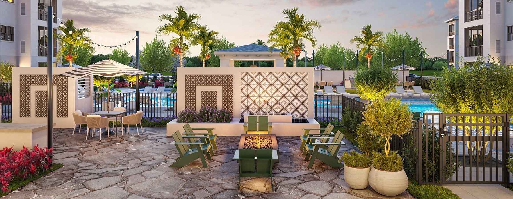 rendering of courtyard showing easy access to a pool. landscaping and modern seating